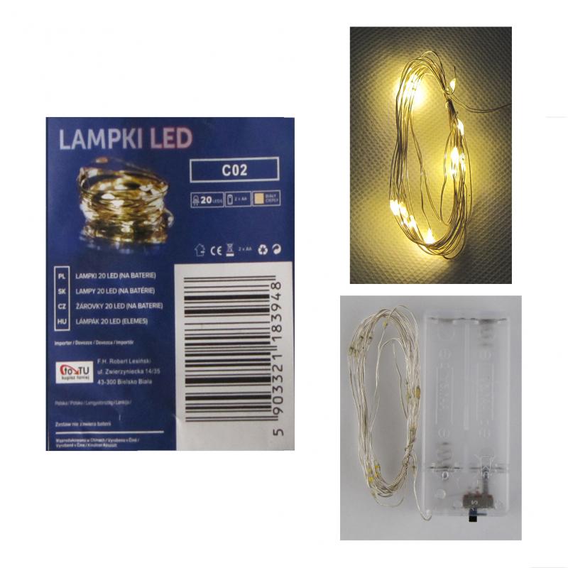 Lampki świąteczne 20LED białe ciepłe na baterie